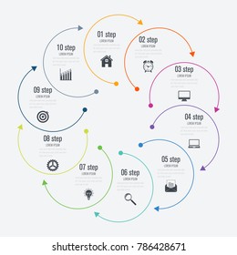 Infographics template 10 options with circle. Data and information visualization. Dynamic infographics stylish geometric. element for design business invitations, gift cards, flyers and brochures