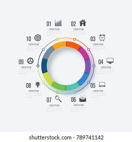 Infographics template 10 options with circle. Data and information visualization. Dynamic infographics stylish geometric. element for design business invitations, gift cards, flyers and brochures