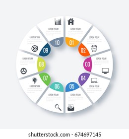 Infographics Template 10 Options With Circles. Can Be Used For Workflow Layout, Diagram, Number Options, Step Up Options, Web Design, Presentations