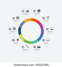 Infographics template 10 options with circles. Can be used for workflow layout, diagram, number options, step up options, web design, presentations