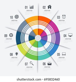 Infographics template 10 options with circles. Can be used for workflow layout, diagram, number options, step up options, web design, presentations