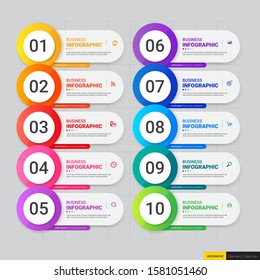 Infographics template 10 options with horizontal banner, can be used for workflow layout, diagram, website, corporate report, advertising, marketing. vector illustration.