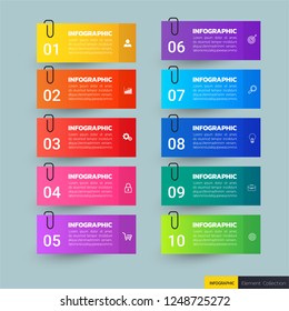 Infographics template 10 options with rectangle banner, can be used for workflow layout, diagram, website, corporate report, advertising, marketing. vector illustration.