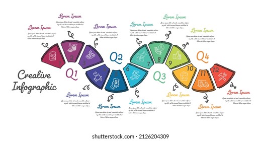 Infographics template for 12 options, steps or processes, can be used for workflow layout, diagram, number step up options, Vector Hand drawn, Cartoon style.