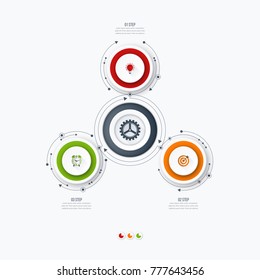Infographics template 3 options with circle. Data and information visualization. Dynamic infographics stylish geometric. element for design business invitations, gift cards, flyers and brochures