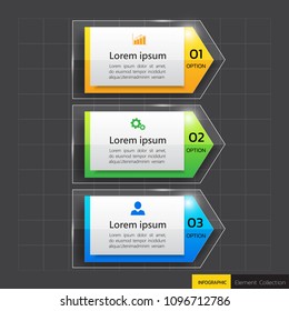 Infographics template 3 options with  glass banners, can be used for workflow layout, diagram, website, corporate report, advertising, marketing. vector illustration.