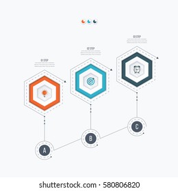 Infographics template 3 options with hexagon. Can be used for workflow layout, diagram, number options, step up options, web design, presentations