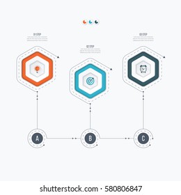 Infographics template 3 options with hexagon. Can be used for workflow layout, diagram, number options, step up options, web design, presentations