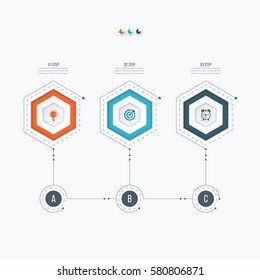 Infographics template 3 options with hexagon. Can be used for workflow layout, diagram, number options, step up options, web design, presentations