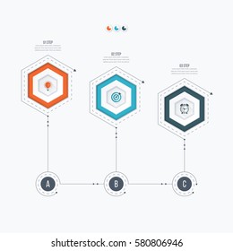 Infographics template 3 options with hexagon. Can be used for workflow layout, diagram, number options, step up options, web design, presentations