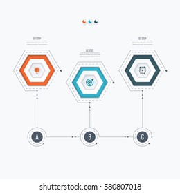 Infographics template 3 options with hexagon. Can be used for workflow layout, diagram, number options, step up options, web design, presentations
