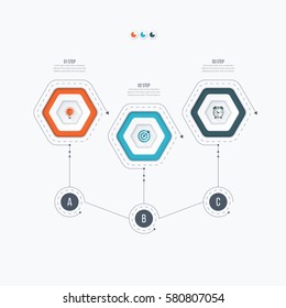 Infographics template 3 options with hexagon. Can be used for workflow layout, diagram, number options, step up options, web design, presentations