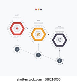 Infographics template 3 options with hexagon. Can be used for workflow layout, diagram, number options, step up options, web design, presentations