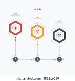 Infographics template 3 options with hexagon. Can be used for workflow layout, diagram, number options, step up options, web design, presentations