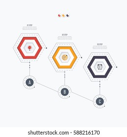 Infographics template 3 options with hexagon. Can be used for workflow layout, diagram, number options, step up options, web design, presentations