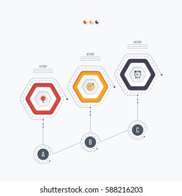 Infographics template 3 options with hexagon. Can be used for workflow layout, diagram, number options, step up options, web design, presentations