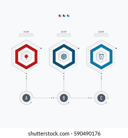 Infographics template 3 options with hexagon. Can be used for workflow layout, diagram, number options, step up options, web design, presentations