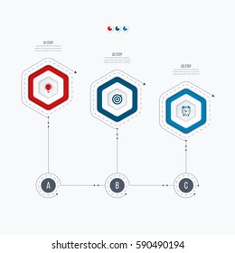 Infographics template 3 options with hexagon. Can be used for workflow layout, diagram, number options, step up options, web design, presentations