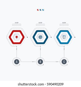 Infographics template 3 options with hexagon. Can be used for workflow layout, diagram, number options, step up options, web design, presentations