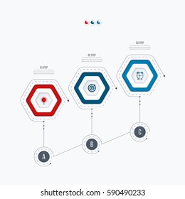 Infographics template 3 options with hexagon. Can be used for workflow layout, diagram, number options, step up options, web design, presentations
