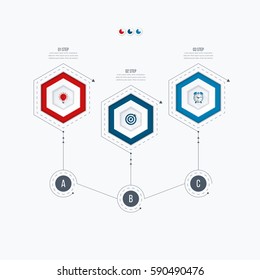 Infographics template 3 options with hexagon. Can be used for workflow layout, diagram, number options, step up options, web design, presentations