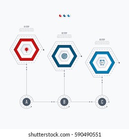 Infographics template 3 options with hexagon. Can be used for workflow layout, diagram, number options, step up options, web design, presentations