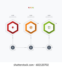 Infographics template 3 options with hexagon. Can be used for workflow layout, diagram, number options, step up options, web design, presentations