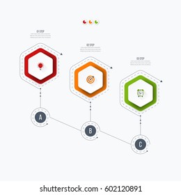 Infographics template 3 options with hexagon. Can be used for workflow layout, diagram, number options, step up options, web design, presentations