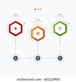 Infographics template 3 options with hexagon. Can be used for workflow layout, diagram, number options, step up options, web design, presentations