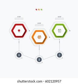 Infographics template 3 options with hexagon. Can be used for workflow layout, diagram, number options, step up options, web design, presentations