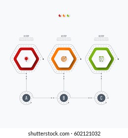 Infographics template 3 options with hexagon. Can be used for workflow layout, diagram, number options, step up options, web design, presentations