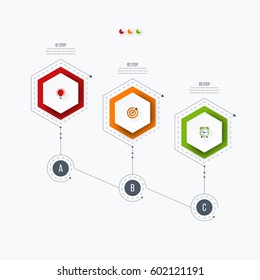 Infographics template 3 options with hexagon. Can be used for workflow layout, diagram, number options, step up options, web design, presentations