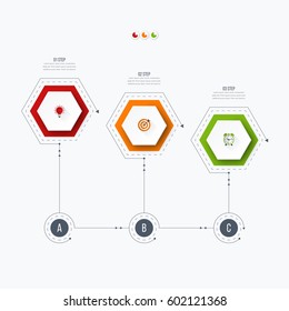 Infographics template 3 options with hexagon. Can be used for workflow layout, diagram, number options, step up options, web design, presentations