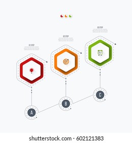 Infographics template 3 options with hexagon. Can be used for workflow layout, diagram, number options, step up options, web design, presentations
