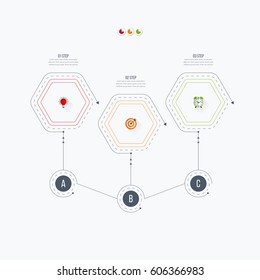 Infographics template 3 options with hexagon. Can be used for workflow layout, diagram, number options, step up options, web design, presentations