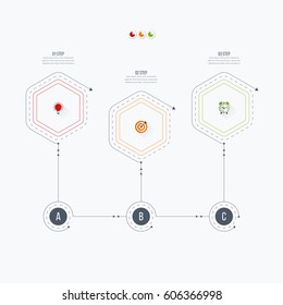 Infographics template 3 options with hexagon. Can be used for workflow layout, diagram, number options, step up options, web design, presentations
