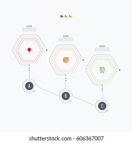 Infographics template 3 options with hexagon. Can be used for workflow layout, diagram, number options, step up options, web design, presentations