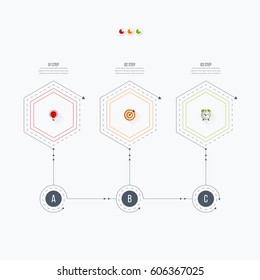 Infographics template 3 options with hexagon. Can be used for workflow layout, diagram, number options, step up options, web design, presentations
