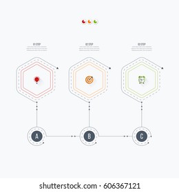 Infographics template 3 options with hexagon. Can be used for workflow layout, diagram, number options, step up options, web design, presentations