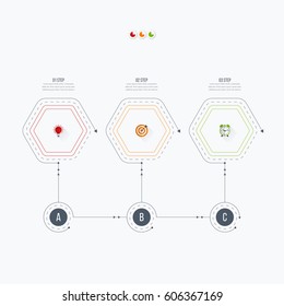 Infographics template 3 options with hexagon. Can be used for workflow layout, diagram, number options, step up options, web design, presentations