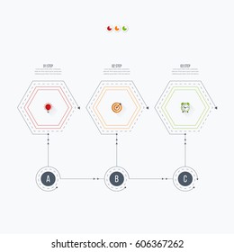 Infographics template 3 options with hexagon. Can be used for workflow layout, diagram, number options, step up options, web design, presentations