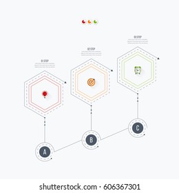 Infographics template 3 options with hexagon. Can be used for workflow layout, diagram, number options, step up options, web design, presentations
