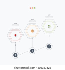 Infographics template 3 options with hexagon. Can be used for workflow layout, diagram, number options, step up options, web design, presentations