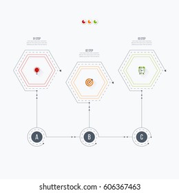 Infographics template 3 options with hexagon. Can be used for workflow layout, diagram, number options, step up options, web design, presentations