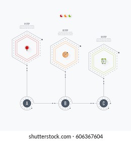 Infographics template 3 options with hexagon. Can be used for workflow layout, diagram, number options, step up options, web design, presentations