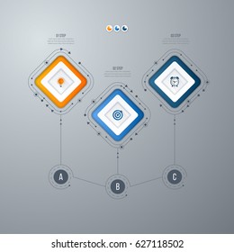 Infographics template 3 options with square. Can be used for workflow layout, diagram, number options, step up options, web design, presentations