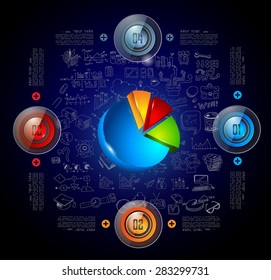 Infographics template with 4 choices and a 3d Graph in the center. Every choice has its own glossy button. Background is made with hand drawn sketches!