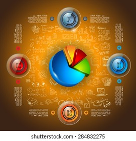 Infographics template with 4 choices and a 3d Graph in the center. Every choice has its own glossy button. Background is made with hand drawn sketches!