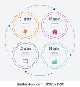 Infographics template 4 options with circle. Data and information visualization. Dynamic infographics stylish geometric. element for design business invitations, gift cards, flyers and brochures