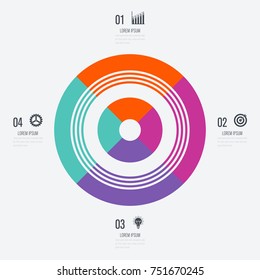 Infographics template 4 options with circle. Data and information visualization. Dynamic infographics stylish geometric. element for design business invitations, gift cards, flyers and brochures